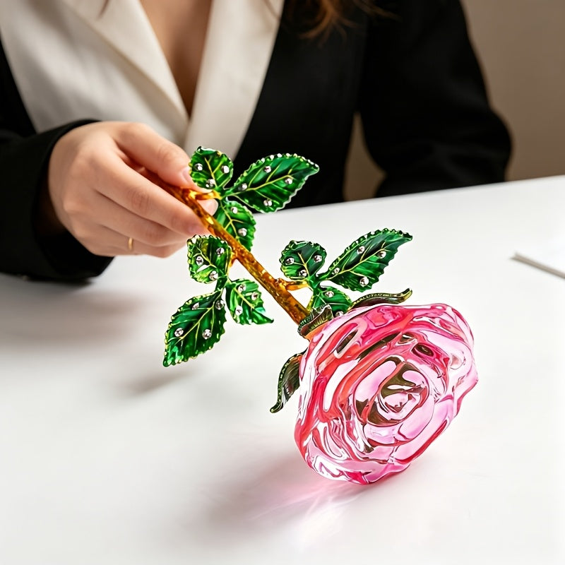 Crystal Rose Decorative Accent Flower Sculpture, Single Stem Glass Rose Home Decor Ornament, Indoor Outdoor Room Decoration, Valentine's Day Christmas Birthday Gift for Her Him – 4 Colors