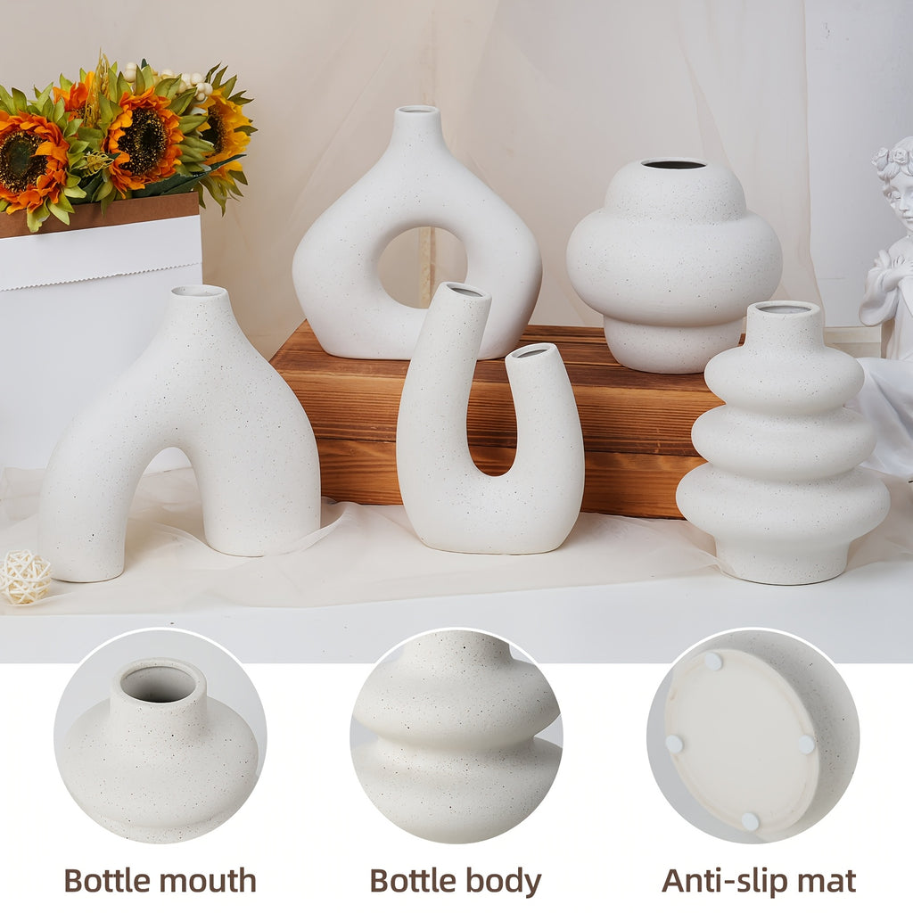 Ceramic Vase Set 5 Pieces Matte – Nordic Boho Minimalist Flower Holders for Shelf, Mantle & Entryway Table Decor | Home Decorations