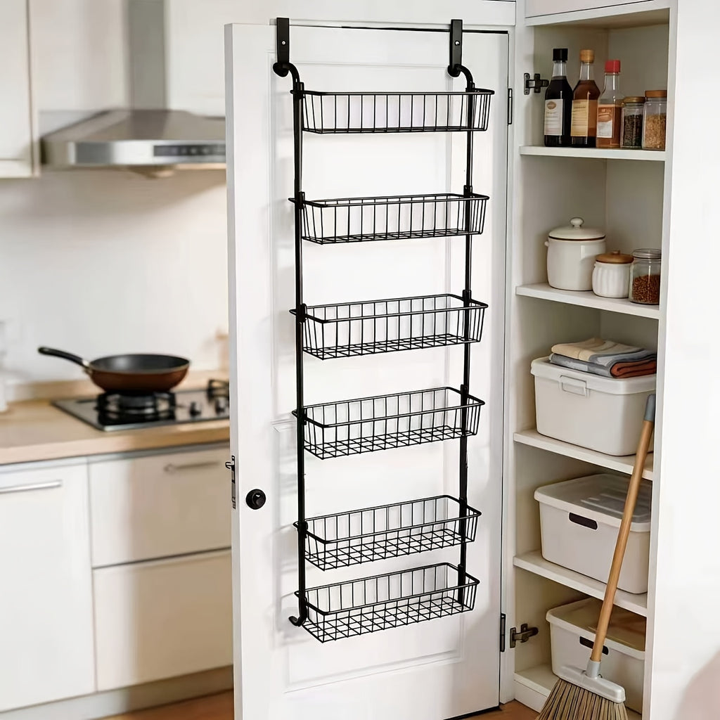 Door-Mounted Metal Storage Rack 6 or 8-Tier, Multi-Room Door-Hanging Organizer Shelf for Kitchen, Living Room, Bedroom, Laundry Room & Bathroom – Black or White