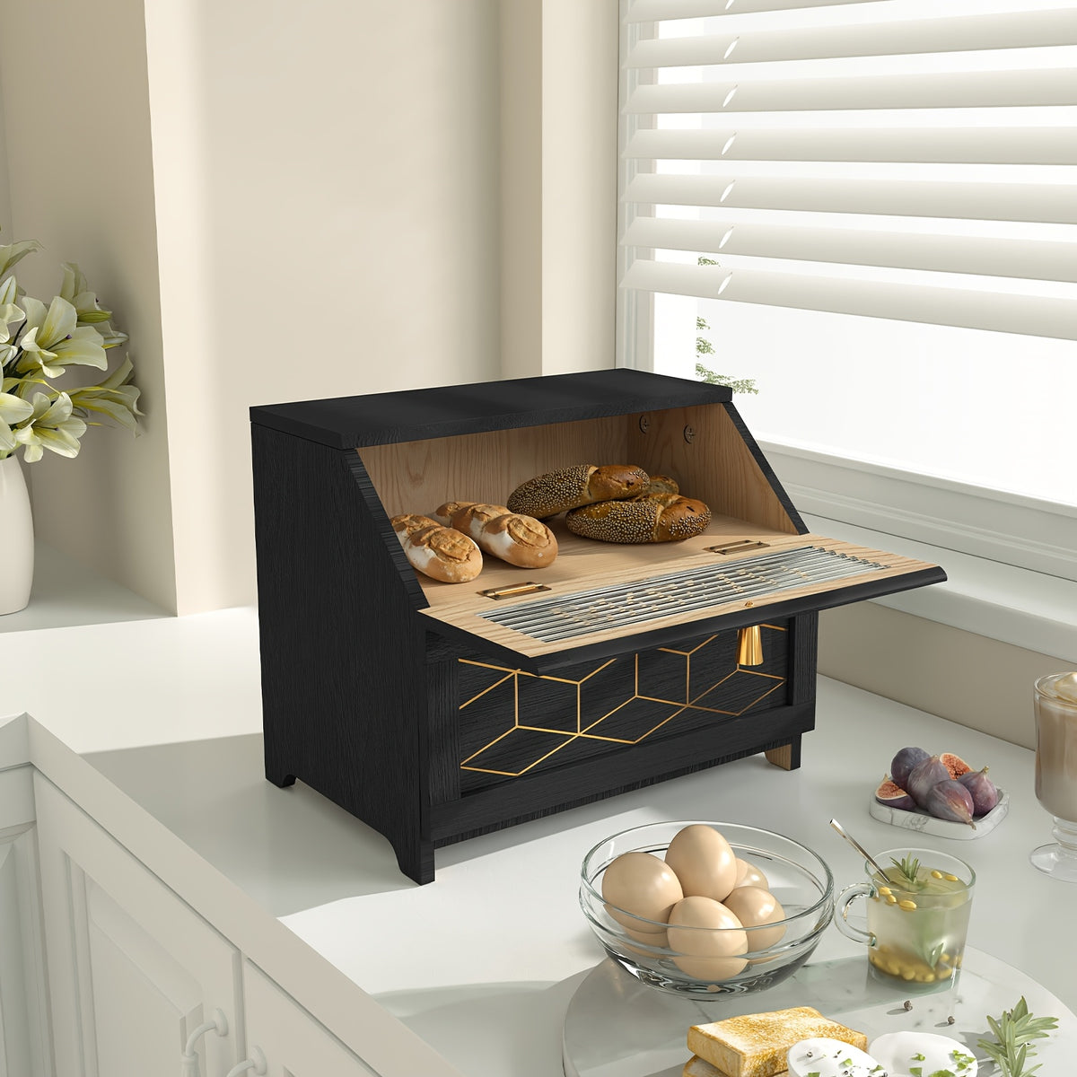 Wooden Bread Box Large Double Layer Flip Top with Golden Trim - Countertop Bread Storage Container for Kitchen Organization, Keeps Bread Fresh, 4 Colors, Great Housewarming Gift