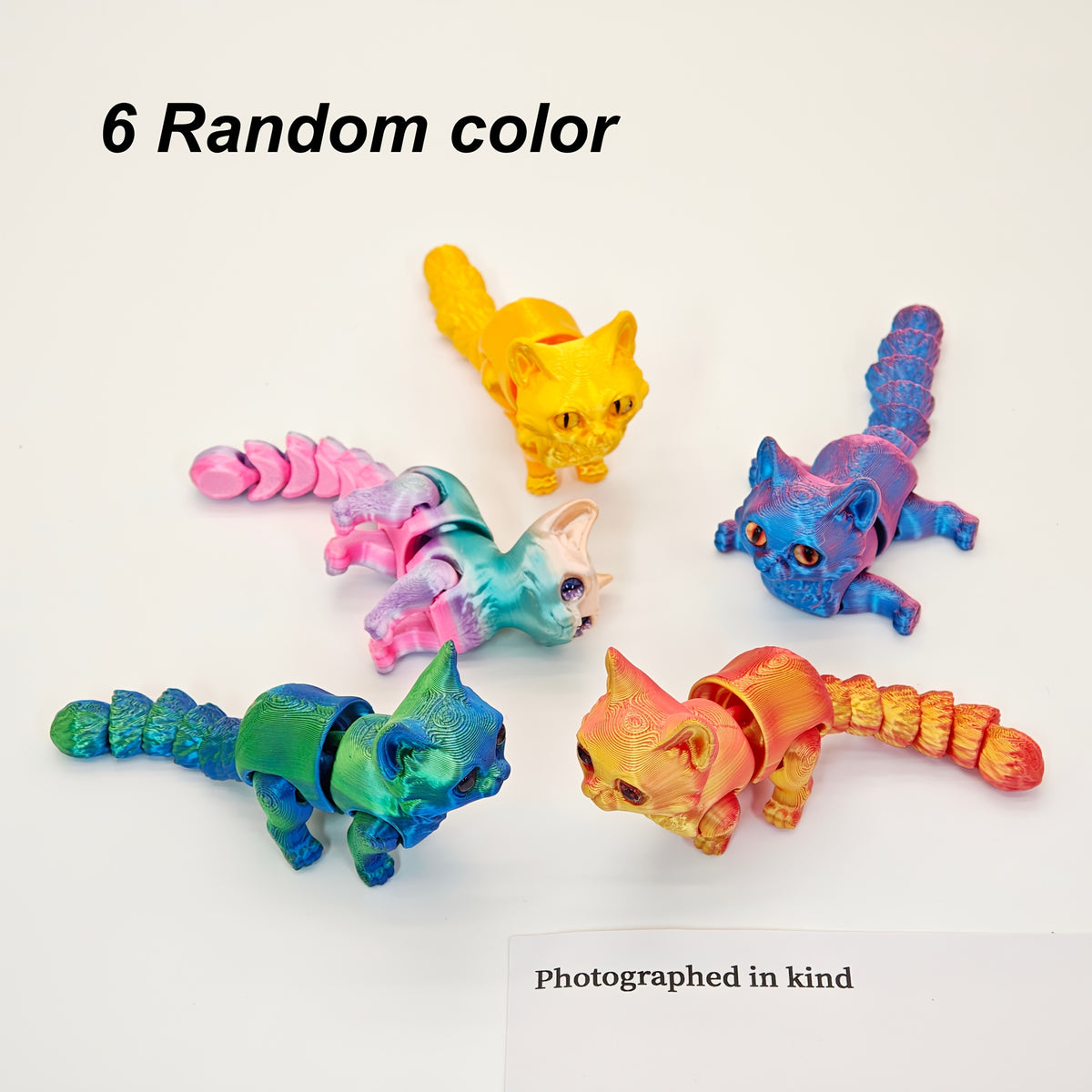6-Pack 3D Printed Articulated Cat Figurines with Poseable Joints - Realistic Desktop Display Ornaments in Random Colors, Cool Home Decor & Christmas Teen Gift