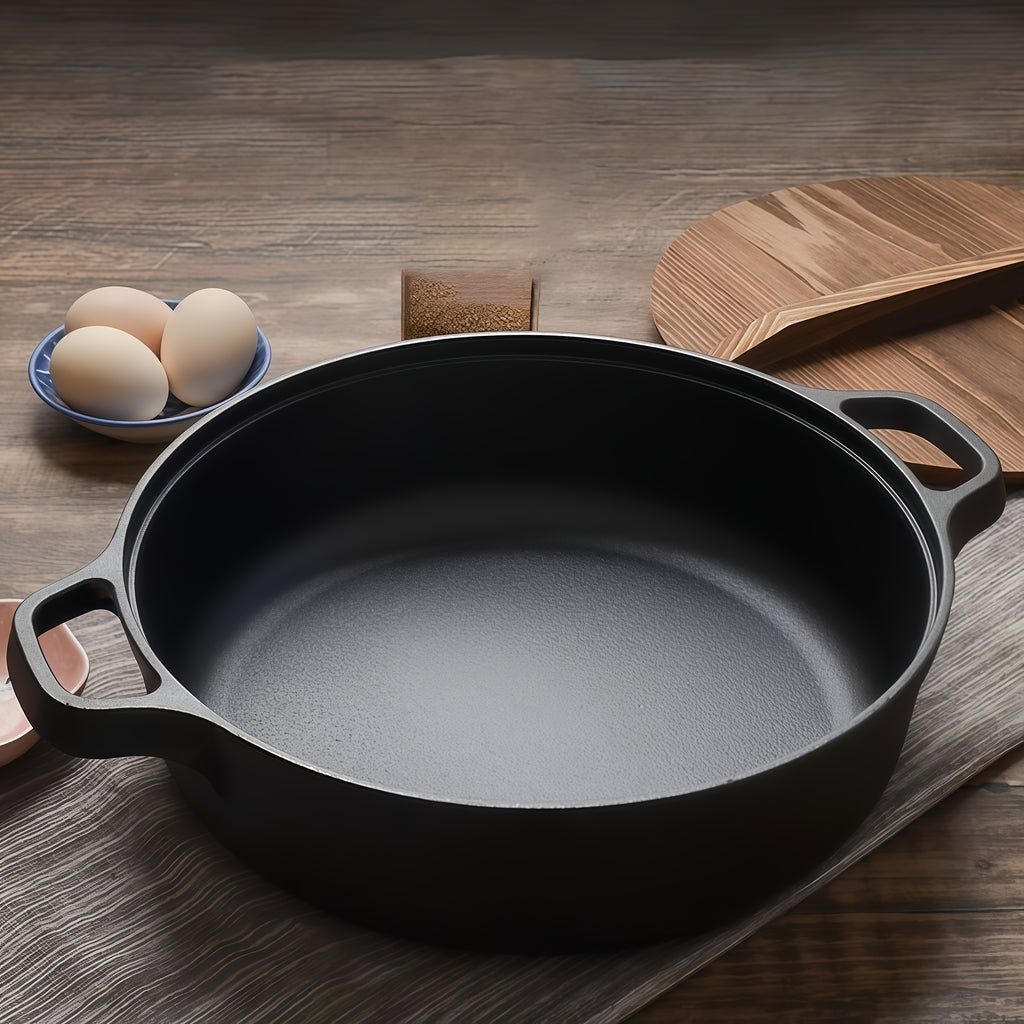 Deep Cast Iron Skillet 8.66 Inch with 2 Handles and Wooden Shovel Flat Bottom Frying Pan Oven Stovetop Grill Campfire Safe for Steak Bread Pizza Camping