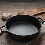 Deep Cast Iron Skillet 8.66 Inch with 2 Handles and Wooden Shovel Flat Bottom Frying Pan Oven Stovetop Grill Campfire Safe for Steak Bread Pizza Camping