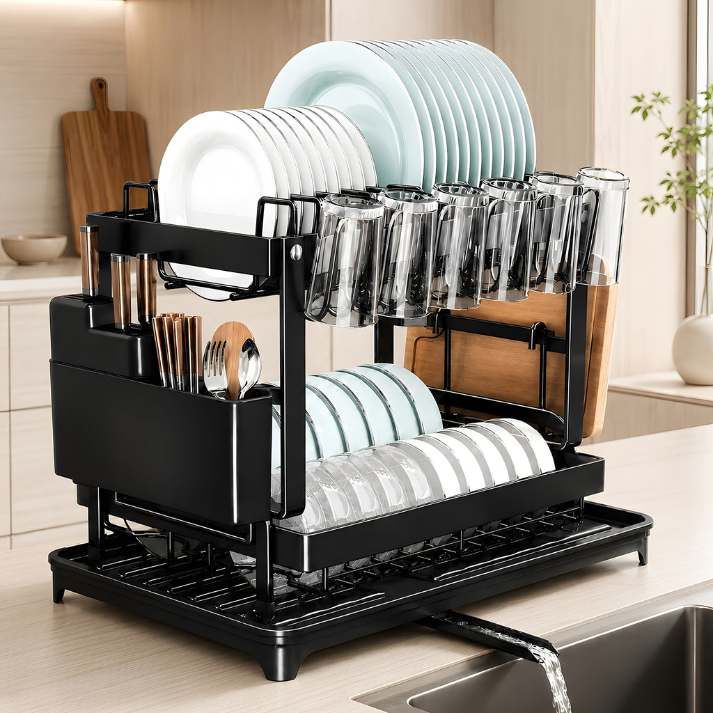 2-Tier Dish Drying Rack with Drainboard – Black Metal Two-Level Dish Drainer with Drainage for Kitchen Counter, Standing Dish Holder Organizer Shelf for Plates, Cups & Utensils