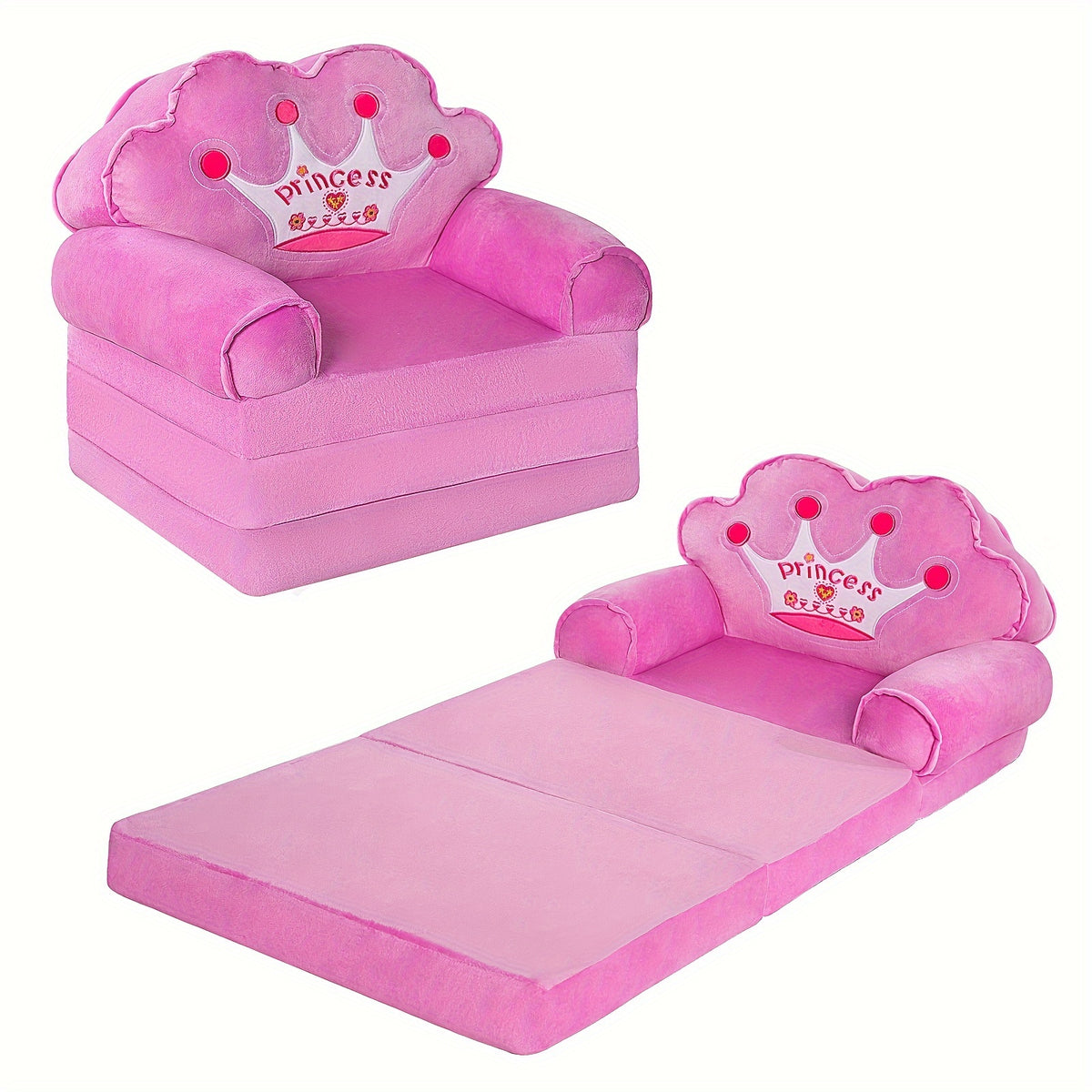Flip Open Kids Sofa with Princess Crown Design – 2-in-1 Foldable Couch & Lounger Chair, Machine Washable Plush Cover, Certified Safe Foam, Dreamy Reading Nook Gift for Girls