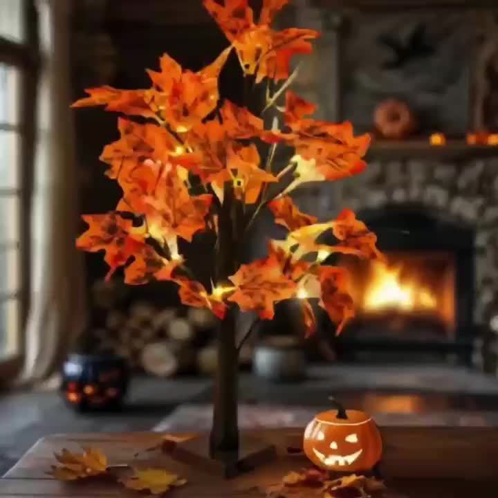 Fall Maple Leaf Tree Table Lamps 2-Pack 21 Inch Battery Powered 24 LED Warm Light Artificial Autumn Tree Lights for Thanksgiving Halloween Indoor Home Decor