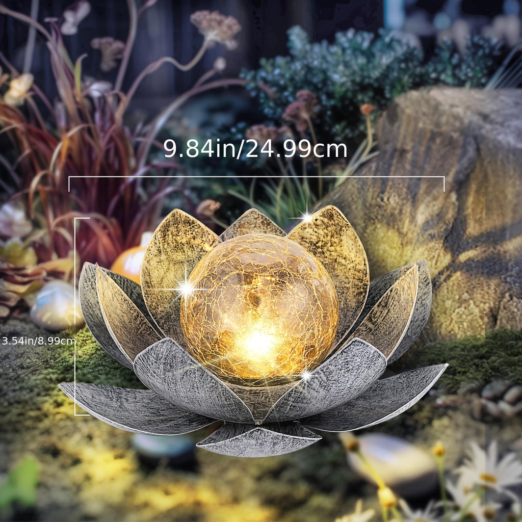 Solar Lotus Flower Garden Light with Cracked Glass Globe & LED Beads, Waterproof Outdoor Stake Light for Patio, Lawn, Steps & Yard, Auto Dusk-to-Dawn, Black White Solar Decorative Landscape Light