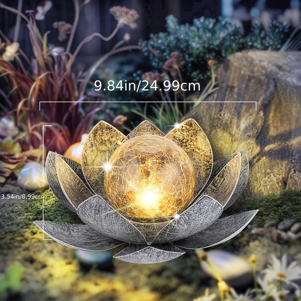 Solar Lotus Flower Garden Light with Cracked Glass Globe & LED Beads, Waterproof Outdoor Stake Light for Patio, Lawn, Steps & Yard, Auto Dusk-to-Dawn, Black White Solar Decorative Landscape Light