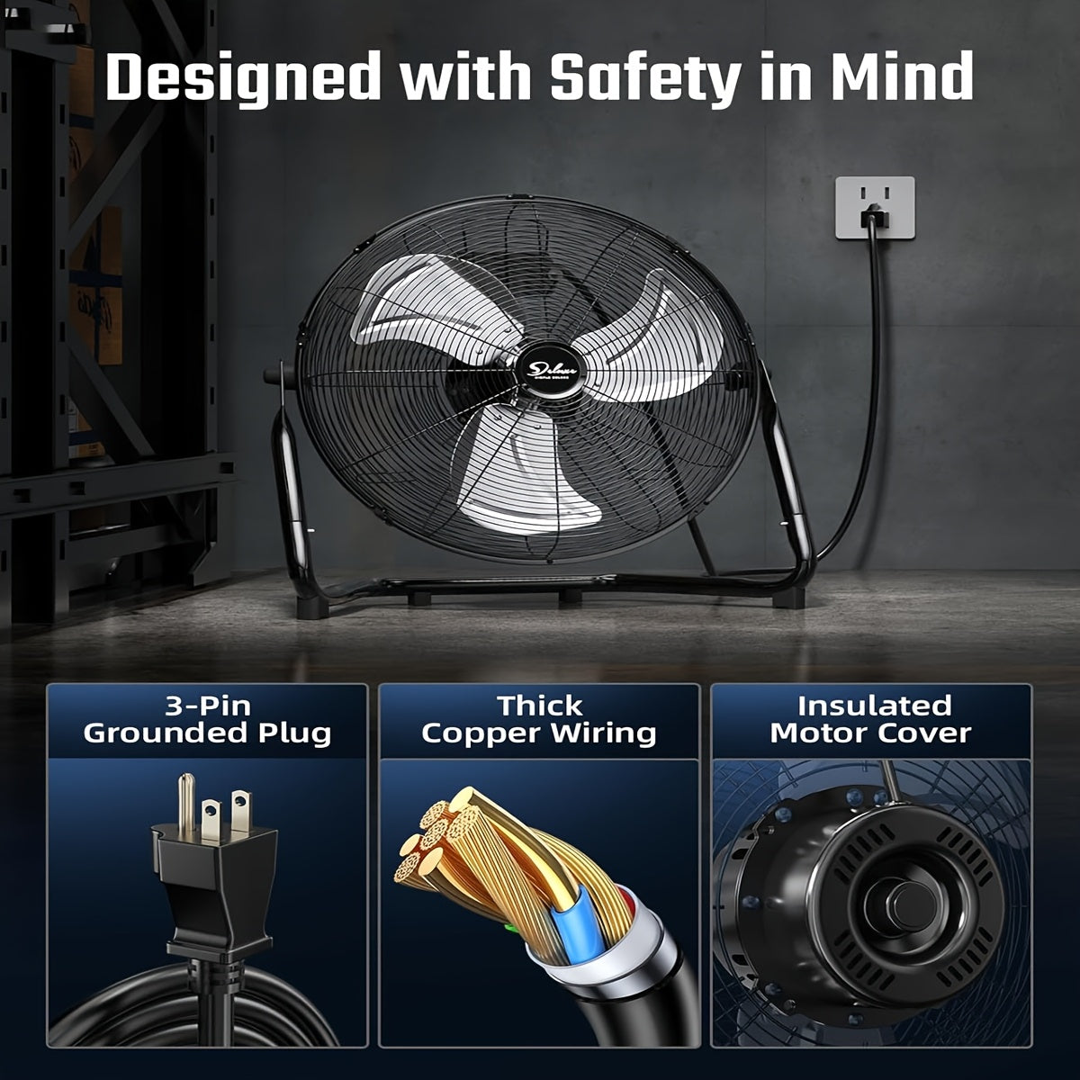 18" Industrial High Velocity Floor Fan – 3 Speed Heavy Duty Metal Fan for Warehouse, Workshop, Factory & Basement | 110V-240V | Black