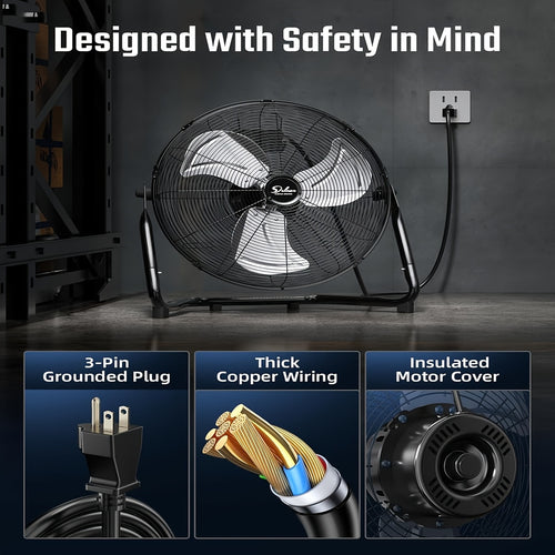 18" Industrial High Velocity Floor Fan – 3 Speed Heavy Duty Metal Fan for Warehouse, Workshop, Factory & Basement | 110V-240V | Black