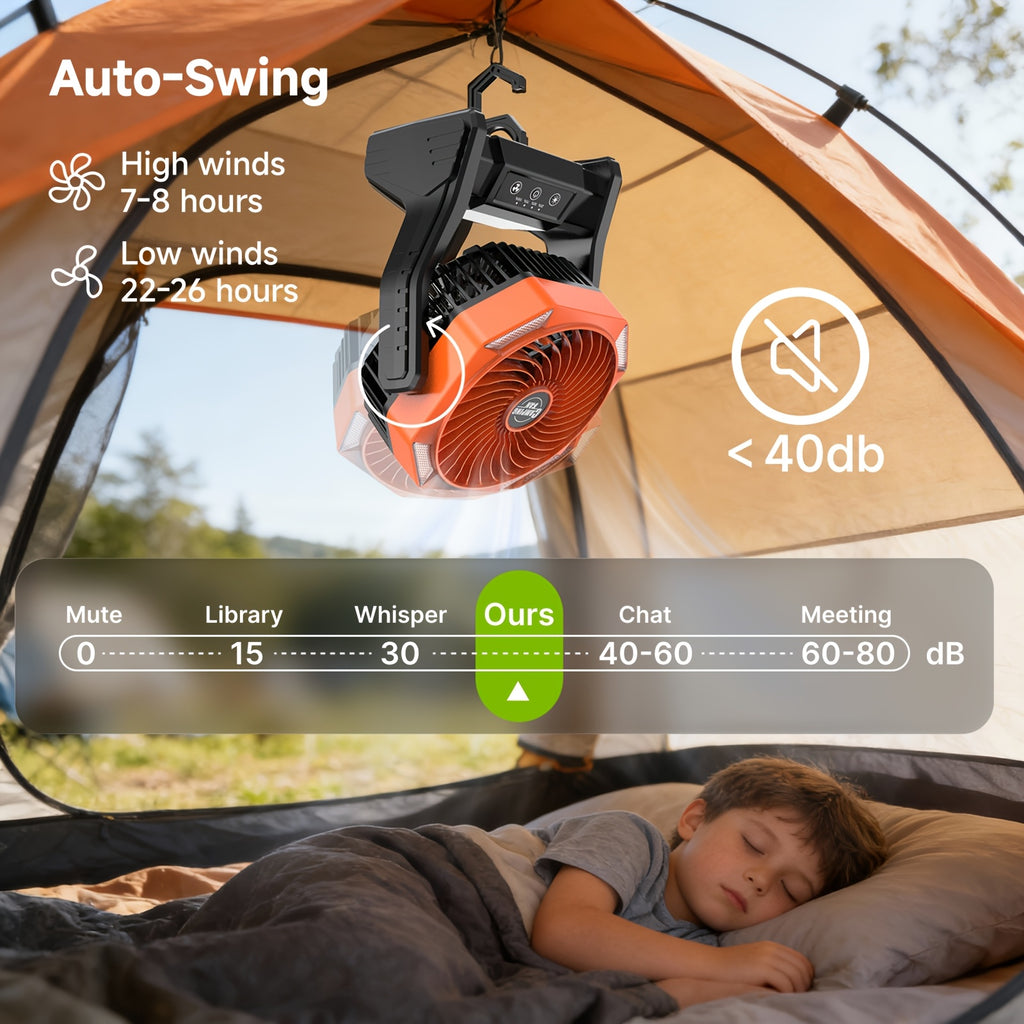Camping Fan 20000mAh Battery LED Light 4-Speed Brushless Motor 180 Degree Oscillation 22-26H Runtime Portable Rechargeable Outdoor Fan for Camping Hiking Picnic Emergency Power Outage Green