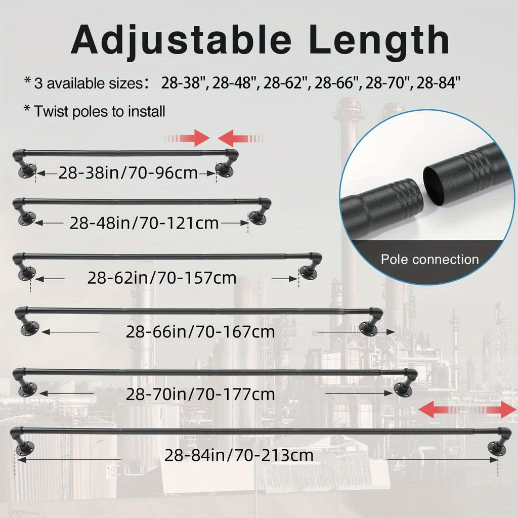 Adjustable Industrial Black Pipe Curtain Rod 1 Inch Wrap-Around with Brackets, Indoor Outdoor Patio Room Divider, 4 Sizes 28-45in to 28-84in