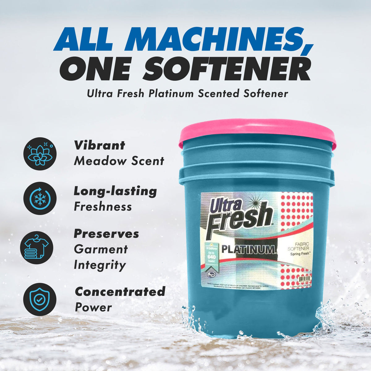 Ultra Fresh 6X Concentrated Liquid Laundry Detergent 5 Gallon with Pump, Up to 640 Loads HE Compatible All Machine Types, No Phosphates No Bleach, 4 Scent Options