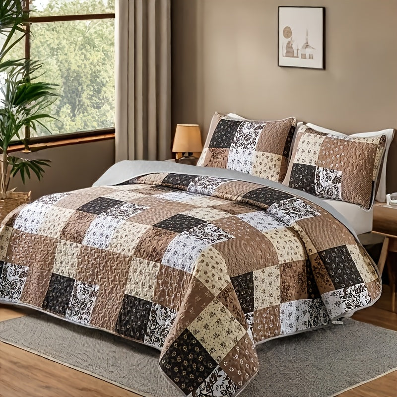 Patchwork Quilted Bedspread Set 3 Piece – Active Print 100% Polyester Quilt with 2 Pillow Shams, 90G Fill Machine Washable Soft Breathable All-Season Bedding for Bedroom & Dorm