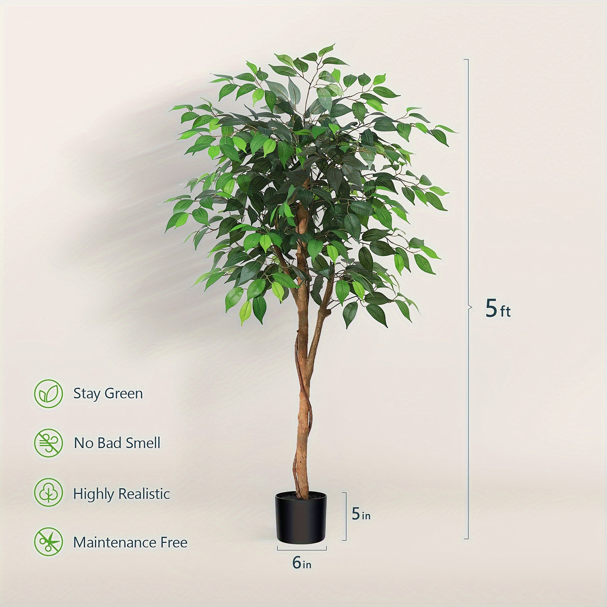 Artificial Ficus Tree 4ft 5ft 7ft Tall – Faux Greenery Potted Plant with Natural Wood Trunk, Lifelike Silk Leaves, Maintenance-Free Elegant Decor for Indoor Outdoor Living Room Bedroom Office