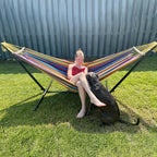 Heavy-Duty Double Hammock with Steel Stand – 450 lbs Outdoor Swing Bed, Anti-Roll Balance, Carry Bag Included, Easy Assembly, No Poles or Fillers | Tropical, Cyan & Green