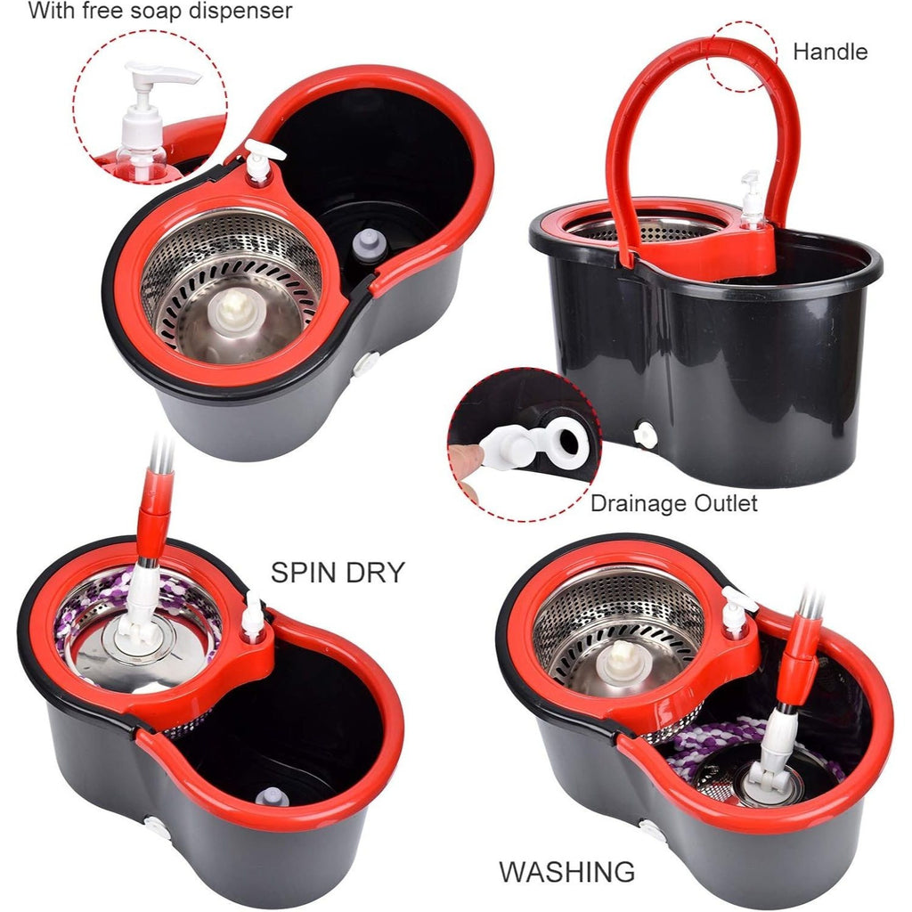 360° Spin Mop and Bucket Set with Wringer – Stainless Steel Extended Handle Spinning Mop Bucket System with 4 Microfiber Mop Refills for Hardwood Tile & Laminate Floor Cleaning