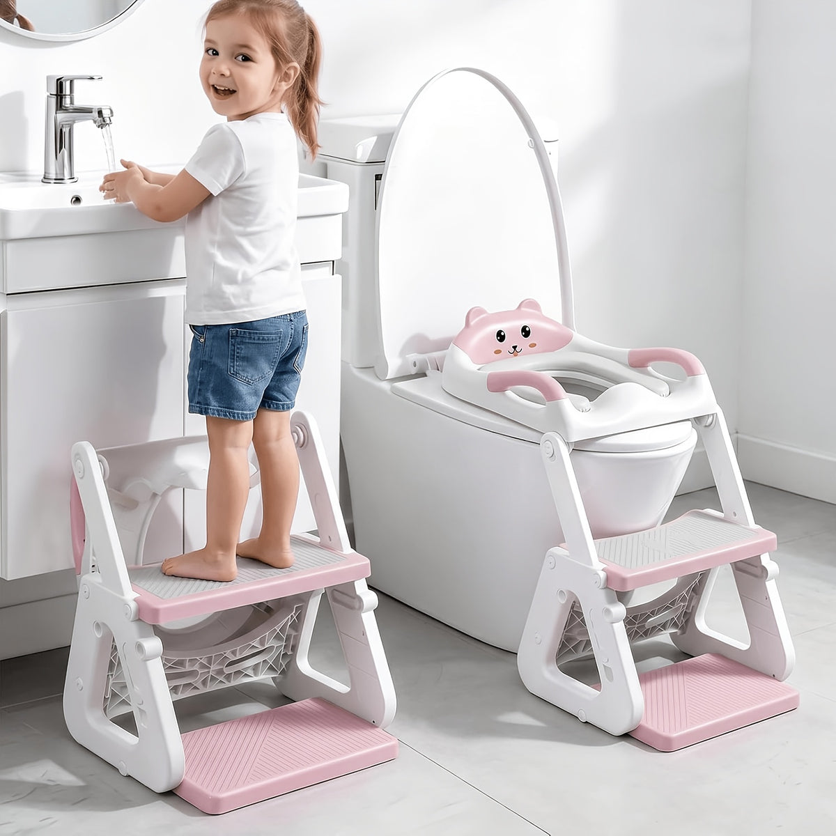 2-in-1 Potty Training Toilet Seat with Step Stool for Toddlers – Adjustable Height, Anti-Slip Pad & Splash Guard for Boys & Girls