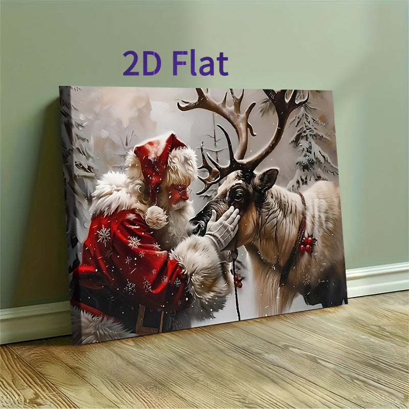 Santa Claus Petting Reindeer Framed Canvas Wall Art, Festive Pine Tree Scene 12x18in Solid Wood Frame – Bohemian Style Christmas & Holiday Home Decor for Living Room, Bedroom & Home Office