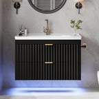 Floating Bathroom Vanity with Sink 24 Inch LED Light Wall Mounted 3-Hole Ceramic Basin Wave Line Design Soft Close Drawers for Small Spaces Black White