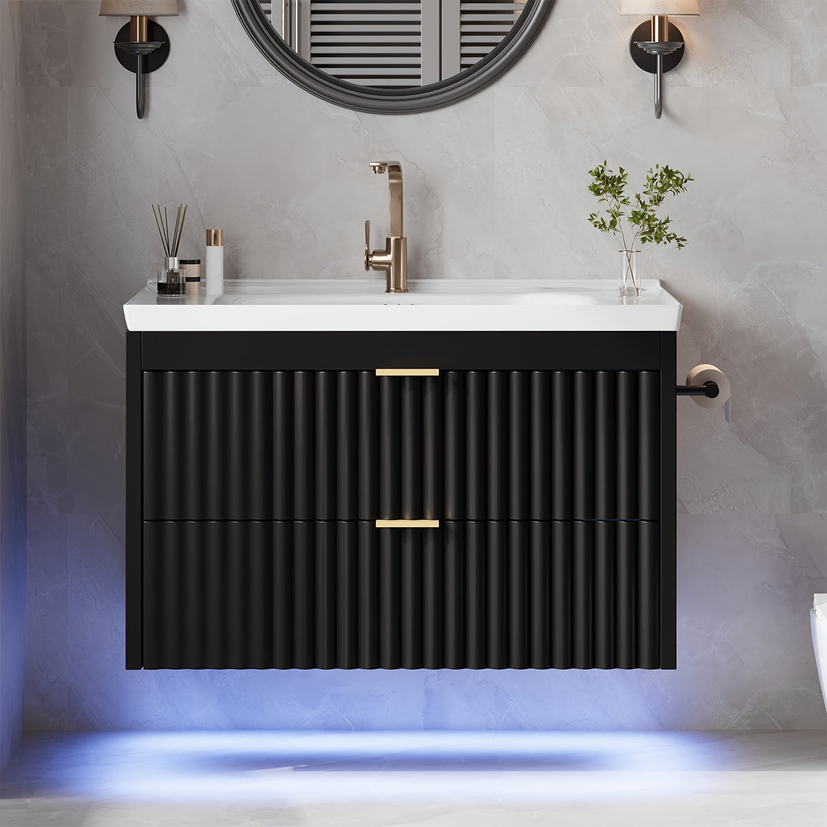 Floating Bathroom Vanity with Sink 24 Inch LED Light Wall Mounted 3-Hole Ceramic Basin Wave Line Design Soft Close Drawers for Small Spaces Black White