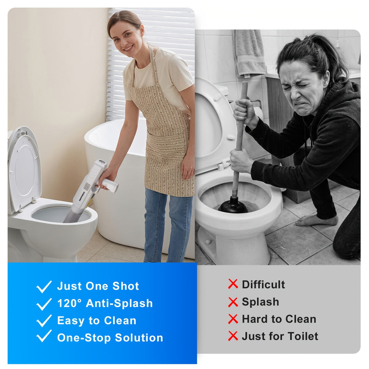 Electric Toilet Plunger 8V Cordless – High-Pressure Pneumatic Unclogger with Real-Time Pressure Display, Power Drain Opener for Clogged Toilets, Sinks & Floor Drains, Mess-Free Reusable, White Black