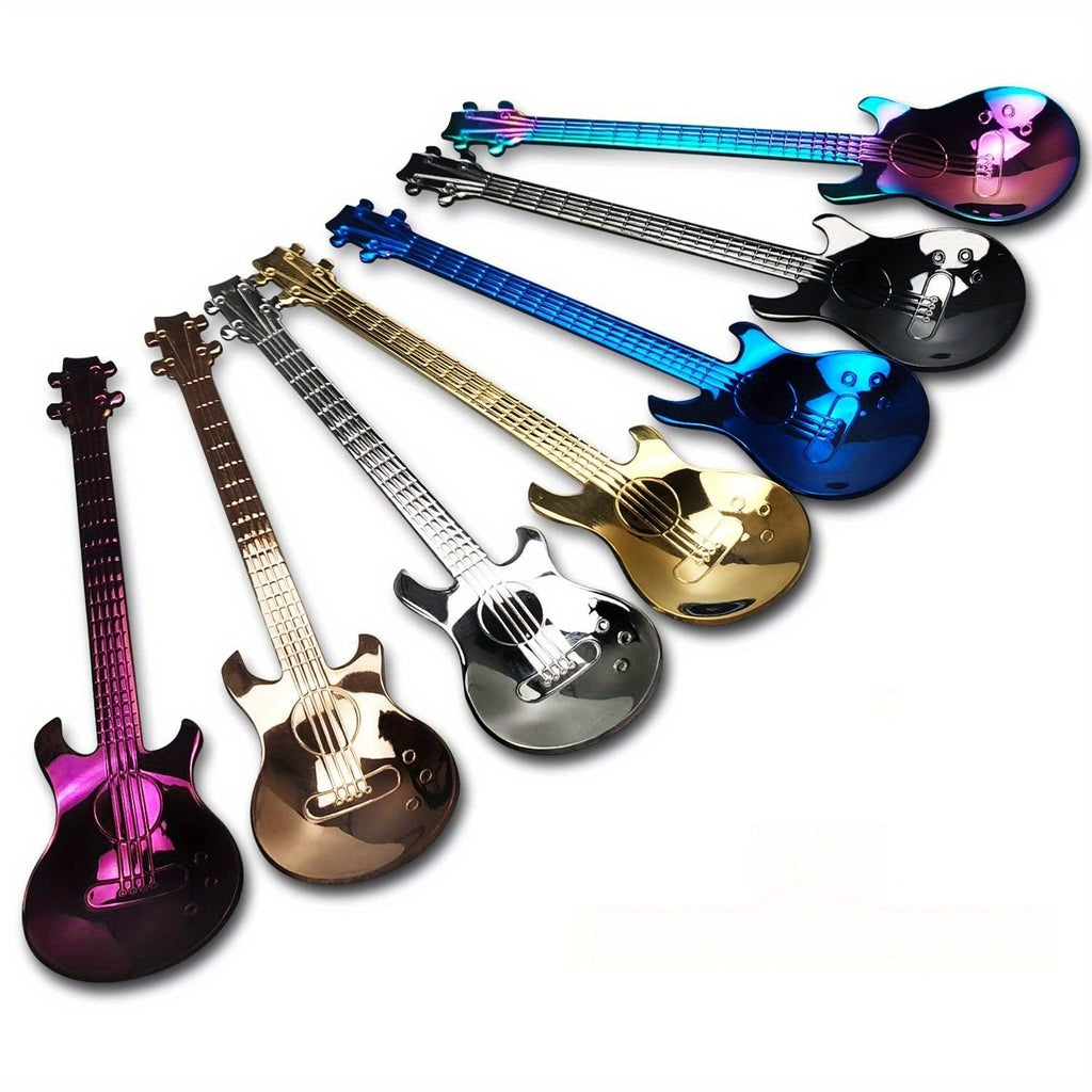 Guitar-Shaped Stainless Steel Teaspoon Set of 6 in Random Colors – Food Safe 304 Steel Novelty Coffee Tea Spoons for Music Lovers, Gifts & Fun Table Settings