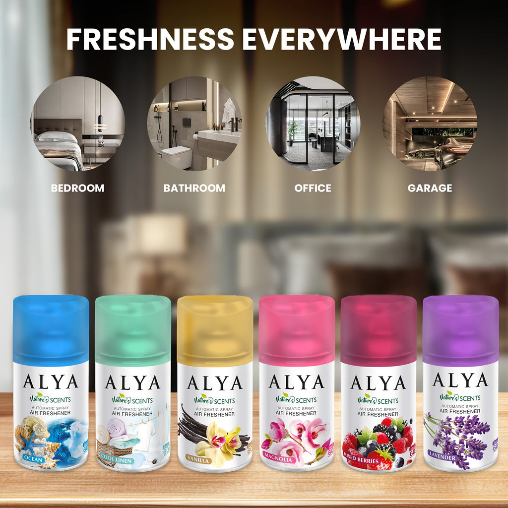 Automatic Spray Air Freshener Refill 8.45 oz 6 Scents 1-Pack and 4-Pack Odor Fighting for Home Bathroom Closet Car Office Fabric Lavender Magnolia Ocean Vanilla