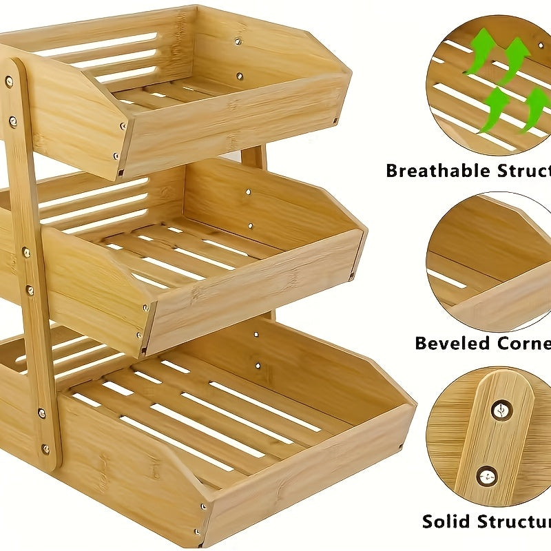 Bamboo Fruit Basket Stand 2 3 Tier Kitchen Countertop Organizer Produce Vegetable Bread Storage with Banana Hook Non-Slip Pads Easy Assembly