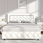 Upholstered Bed Frame with Diamond Tufted Headboard & Footboard – Faux Leather, Wooden Slats, No Box Spring Needed | Twin Full Queen King