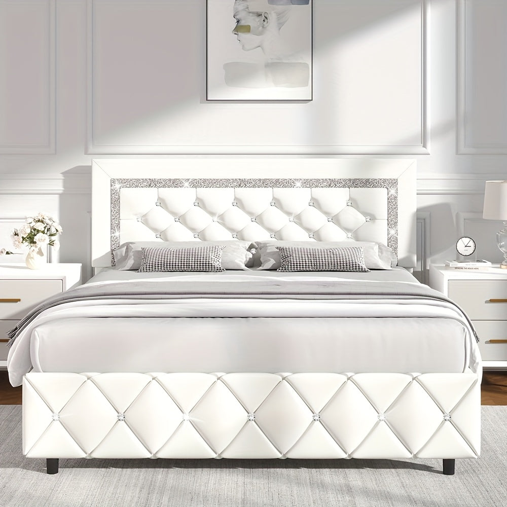 Upholstered Bed Frame with Diamond Tufted Headboard & Footboard – Faux Leather, Wooden Slats, No Box Spring Needed | Twin Full Queen King