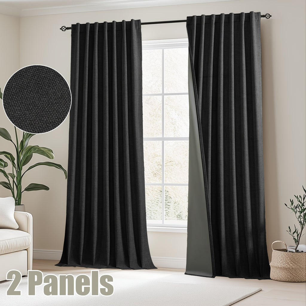 Faux Linen Blackout Curtains 2 Panels for Bedroom & Living Room – 100% Blackout, Back Tab & Rod Pocket, Thermal Insulated Farmhouse Drapes