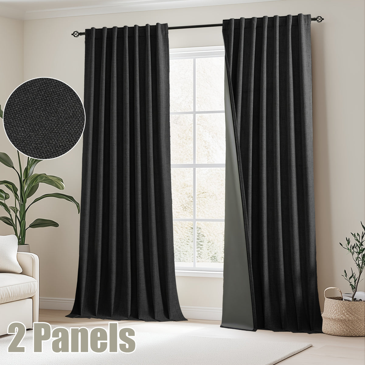 Faux Linen Blackout Curtains 2 Panels for Bedroom & Living Room – 100% Blackout, Back Tab & Rod Pocket, Thermal Insulated Farmhouse Drapes