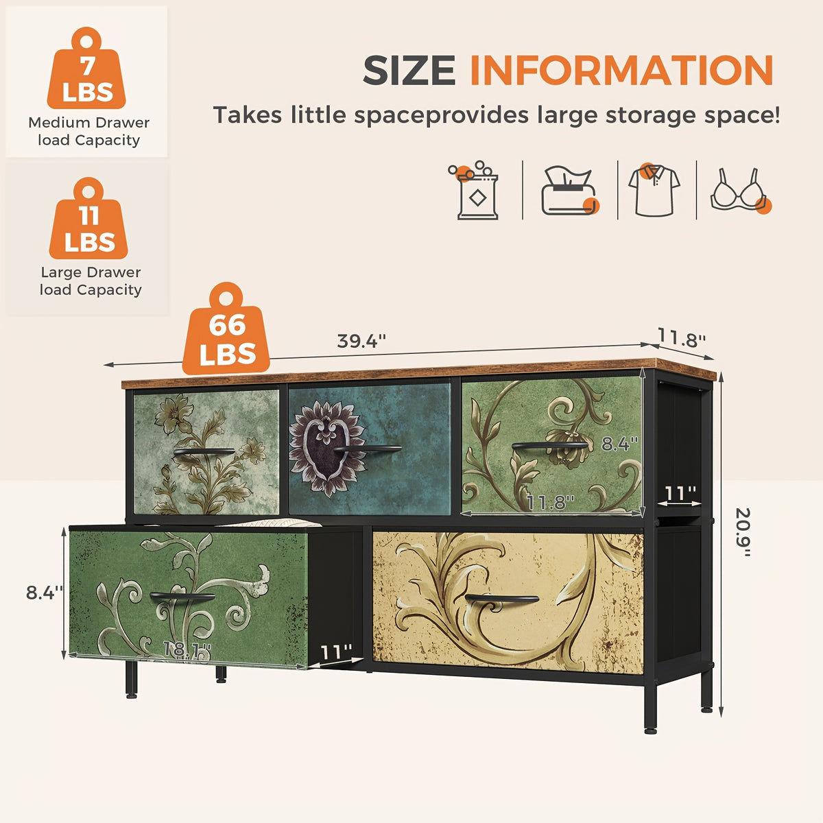 5-Drawer Wide Dresser with Fabric Bins – Freestanding Wood Frame Chest of Drawers, Low Profile Compact Storage Organizer for Bedroom, Hallway, Living Room & Closet, Space-Saving Furniture in Khaki/Green