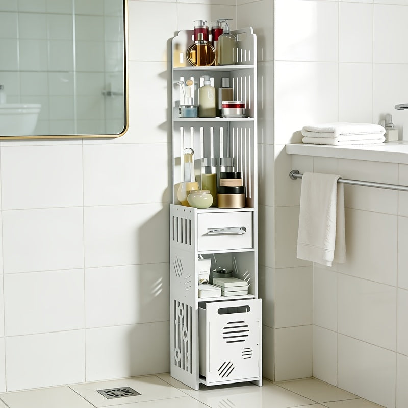 47-Inch Slim Floor Bathroom Storage Cabinet with Toilet Paper Holder & Hidden Trash Can – Narrow PVC Space-Saving Organizer Shelf for Small Bathroom, Apartment, Dorm, Kitchen, Laundry Room & Entryway