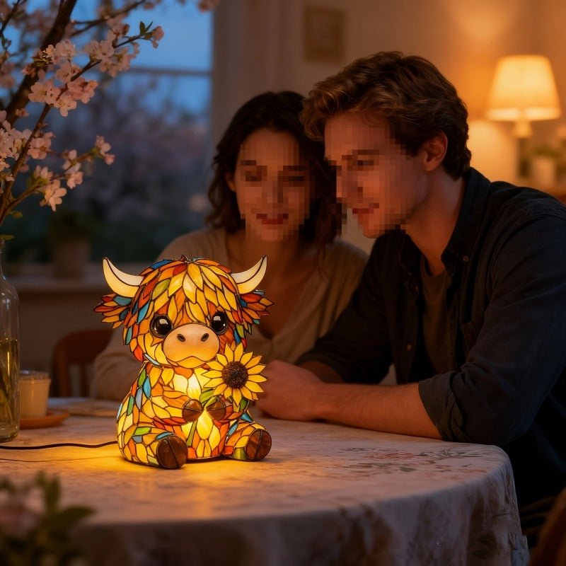 Sunflower Highland Cow Table Lamp – Warm-Toned Whimsical Light-Up Cow Statue Bedside Lamp & Tabletop Decoration, Perfect Gift for Animal Lovers & Home Decor