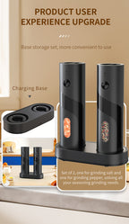 Electric Salt & Pepper Grinder Set USB Rechargeable with Charging Base, LED Grinding Light, Top-Fill Large Capacity – 1 or 2 Piece, Black & Green