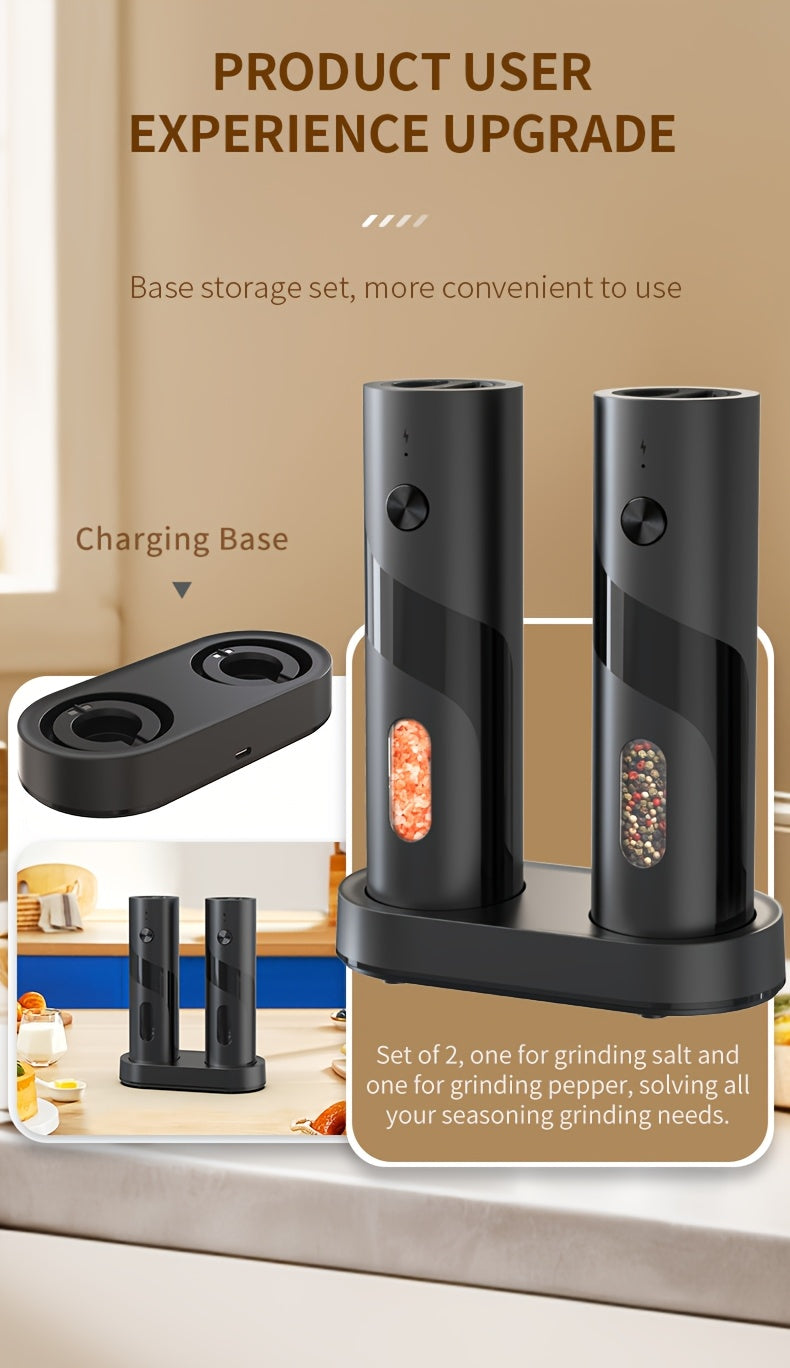 Electric Salt & Pepper Grinder Set USB Rechargeable with Charging Base, LED Grinding Light, Top-Fill Large Capacity – 1 or 2 Piece, Black & Green