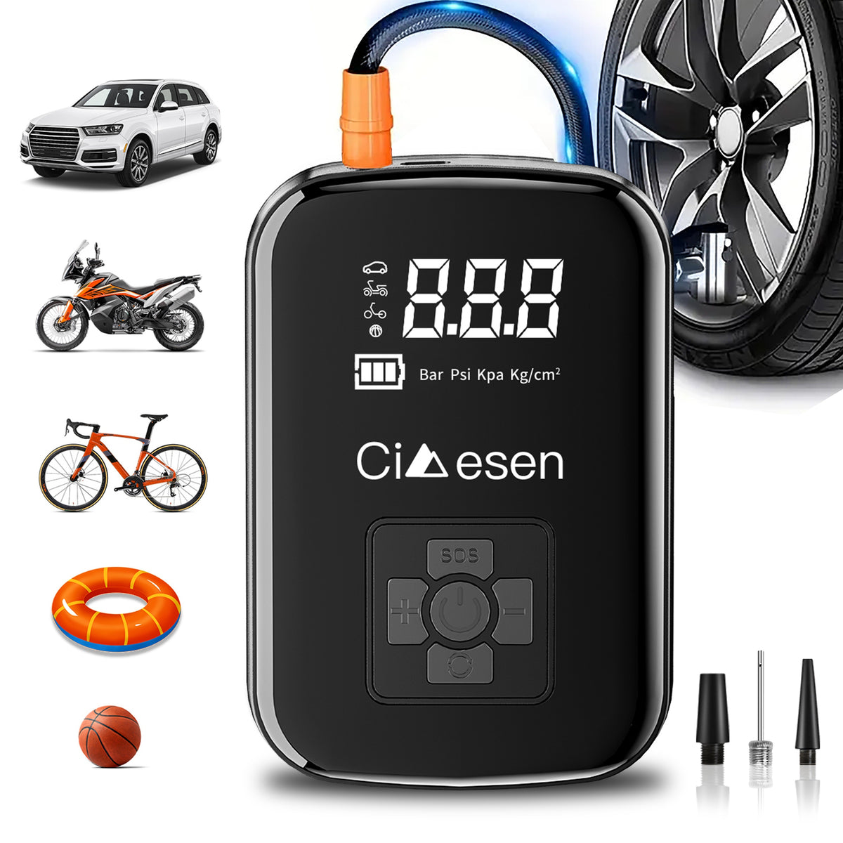 Portable Tire Inflator Cordless Air Compressor – 100W Digital Display, 4000mAh USB-C Fast Charge, 5 Modes, Multi-Nozzle, for Car Motorcycle Bicycle Tires & Sports Balls, 6 Colors