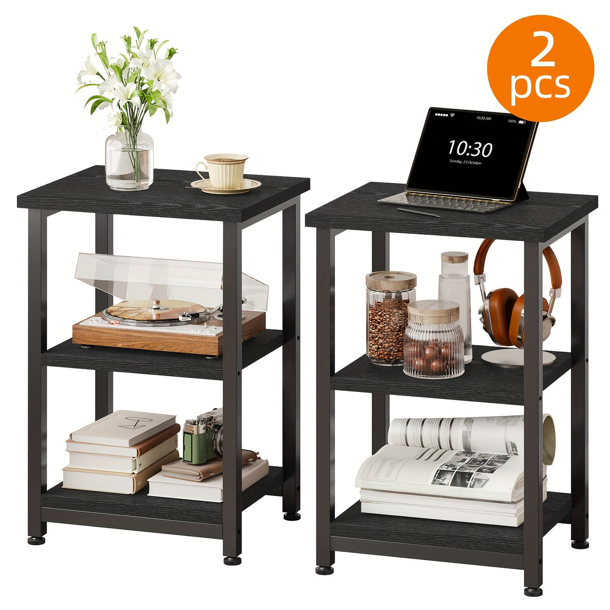 3-Tier Nightstand Side Table – Heavy Duty Steel Frame End Table for Bedroom Living Room Office Bathroom, Classic Black, 13.4"x11.8"x22.8"