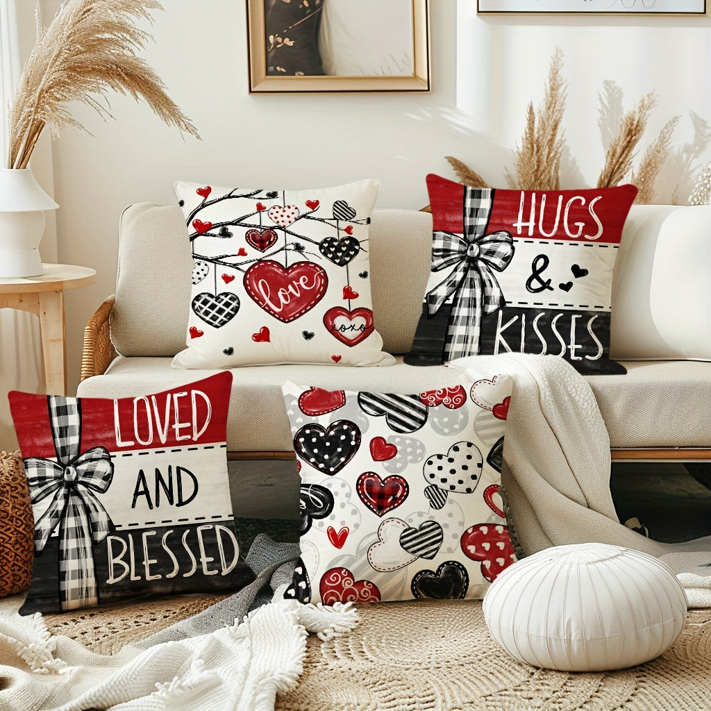 Set of 4 Valentine's Day Throw Pillow Covers – Red & Black Striped Bow | 18x18 inch
