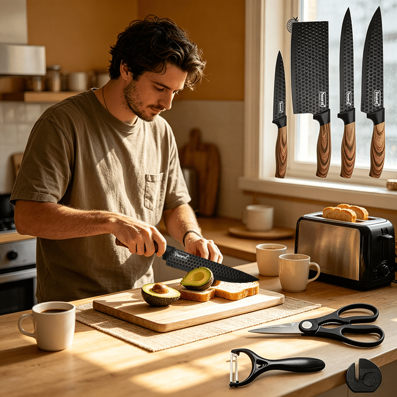 Professional Kitchen Knife Set Ultra-Sharp Stainless Steel with Knife Block & Gift Box – Chef’s Knife, Peeling Knife, Utility Knife & Scissors, Ergonomic Kitchen Gift for Family