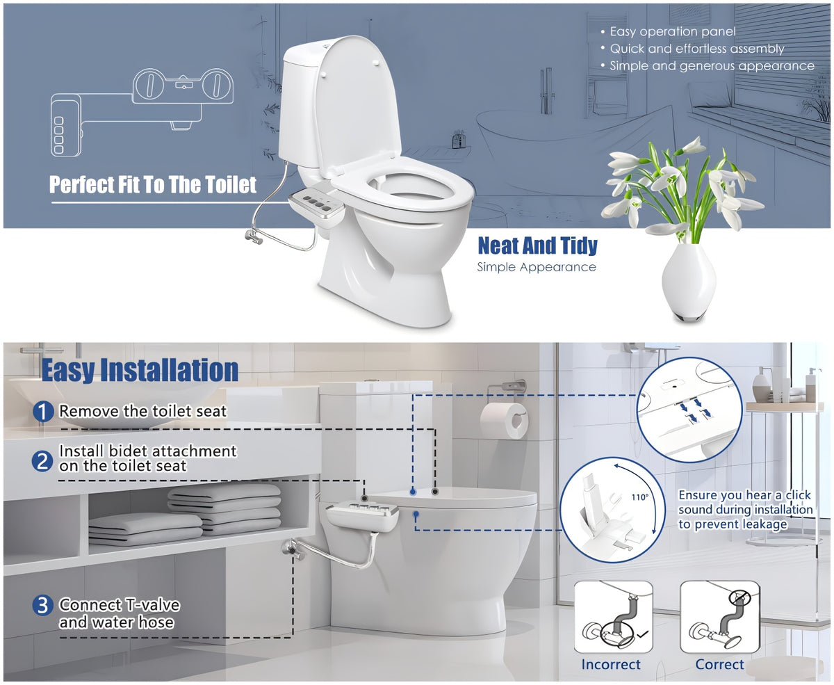 Bidet Attachment for Toilet Ultra-Slim Non-Electric Cold Water Sprayer Retractable Self-Cleaning Nozzle Adjustable Water Pressure Easy Install Fits Most Toilets