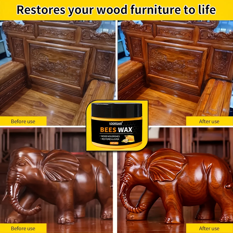 Beeswax Wood Furniture Polish & Protector with Sponge, Natural Bee Oil for Wooden Furniture Floor Maintenance Anti-Crack & Shine Restoration, 40g All-Wood Surface Care
