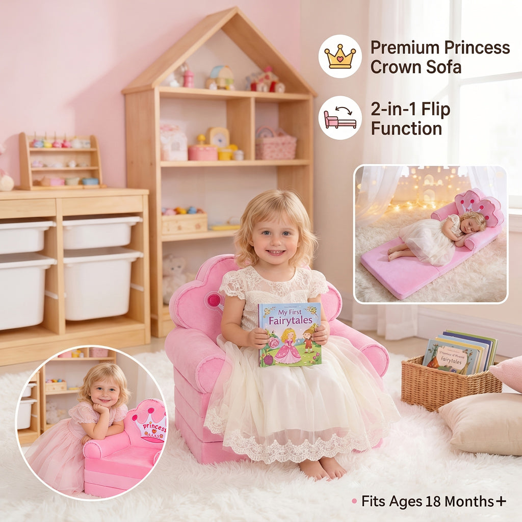 Flip Open Kids Sofa with Princess Crown Design – 2-in-1 Foldable Couch & Lounger Chair, Machine Washable Plush Cover, Certified Safe Foam, Dreamy Reading Nook Gift for Girls