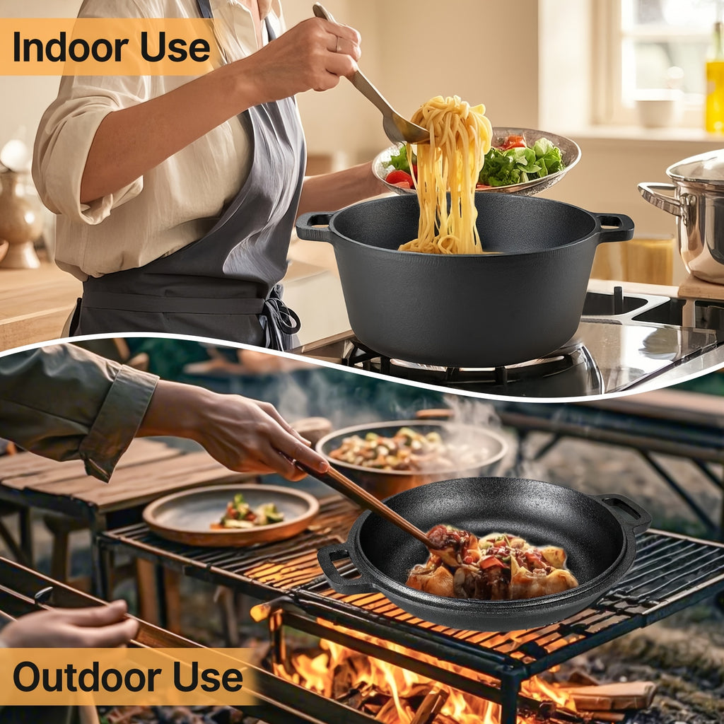 Pre-Seasoned Cast Iron Dutch Oven Set 2-in-1 with Lid, Scraper & Stand – Deep Pot for Camping, BBQ, Bread Baking & Stovetop Cooking