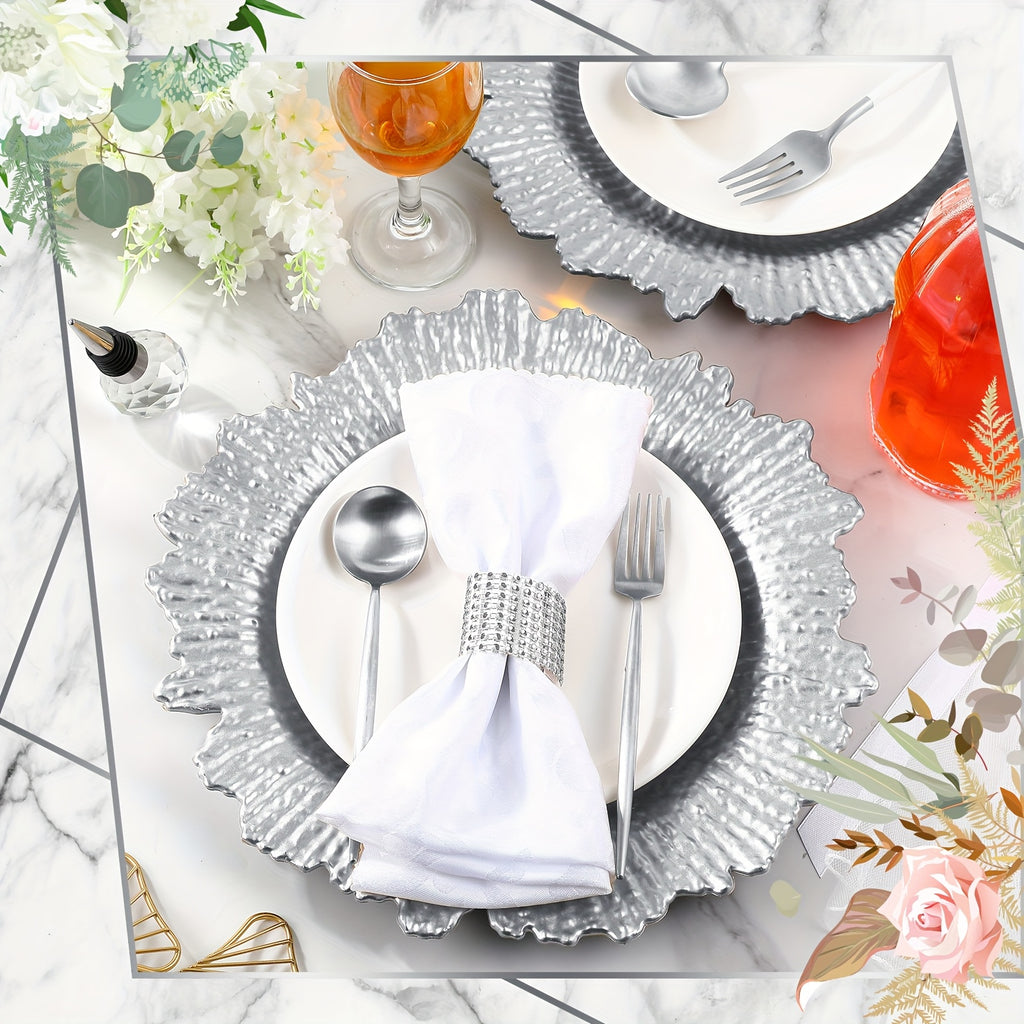 Reef Charger Plates Bulk 100 Pack Silver – 13 Inch Plastic Floral Ruffled Rim Metallic Decorative Wedding Chargers for Party, Holiday & Event Table Settings