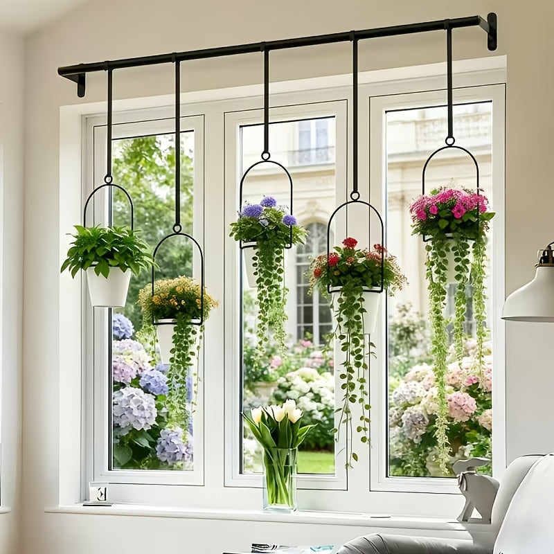 Vertical Planter Set with Adjustable Metal Rod, Iron Rings & Hanging Flower Pots for Window Sill & Balcony, Mini Vertical Garden Kit for Indoor Outdoor Plants, Space-Saving Patio Planter