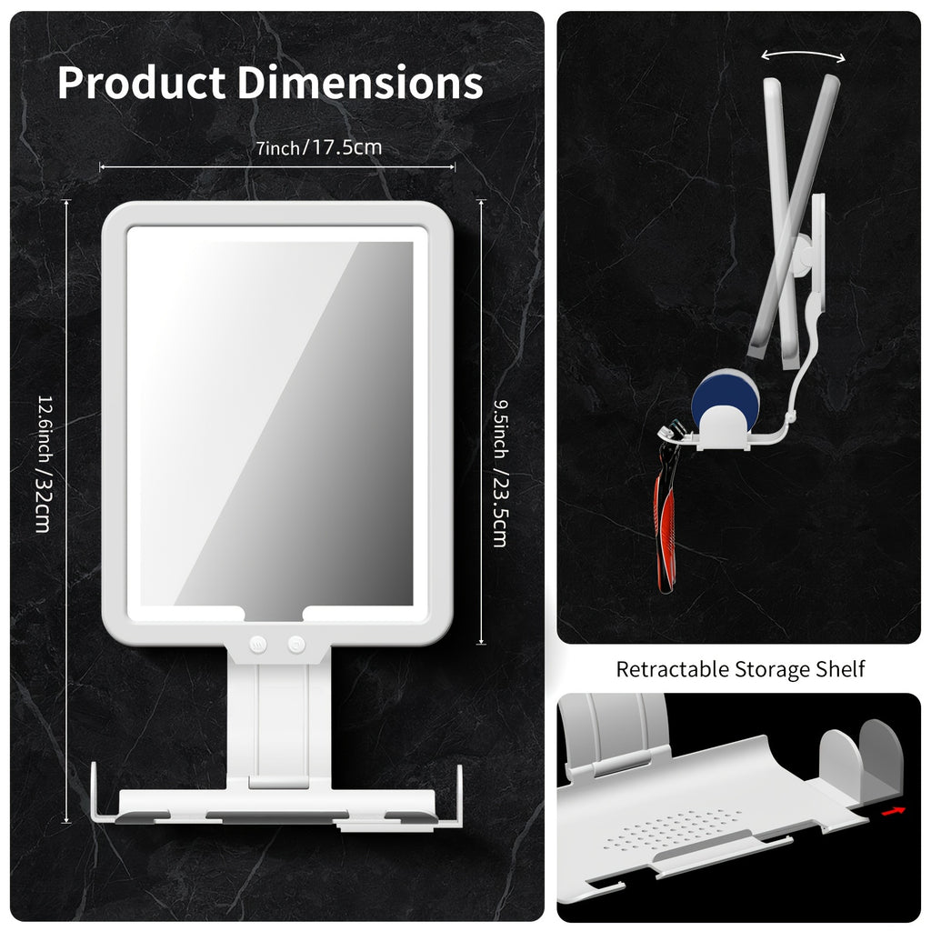 Heated Fog-Free Shower Mirror with LED Light 9.5x7 Inch | Detachable Fogless Bath Mirror with Shaving Foam Base, 2 Razor Holders & 3-Color Adjustable Brightness