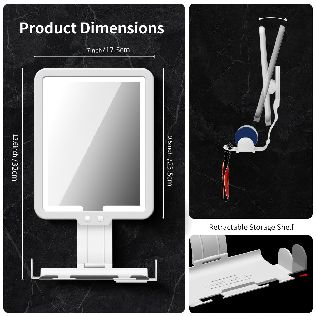Heated Fog-Free Shower Mirror with LED Light 9.5x7 Inch | Detachable Fogless Bath Mirror with Shaving Foam Base, 2 Razor Holders & 3-Color Adjustable Brightness